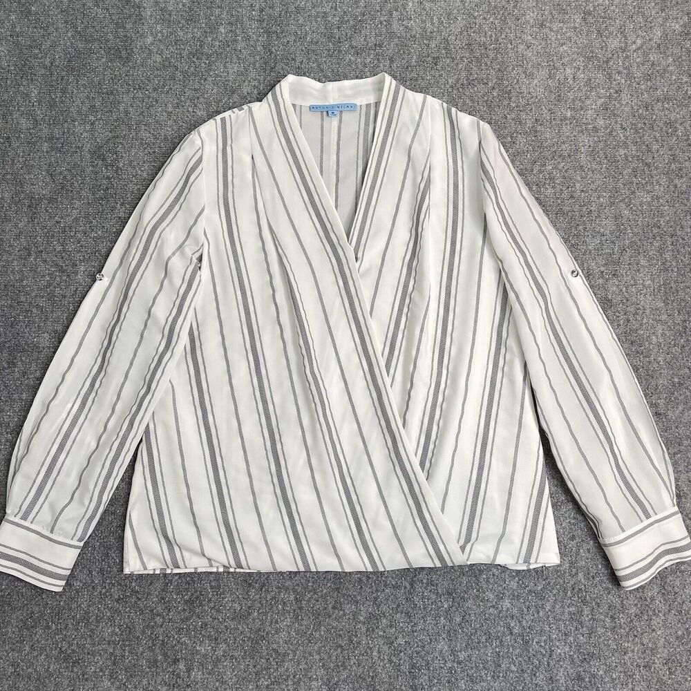 Antonio Melani Top Womens Medium Striped Faux Wrap Roll Tab Sleeve Blouse